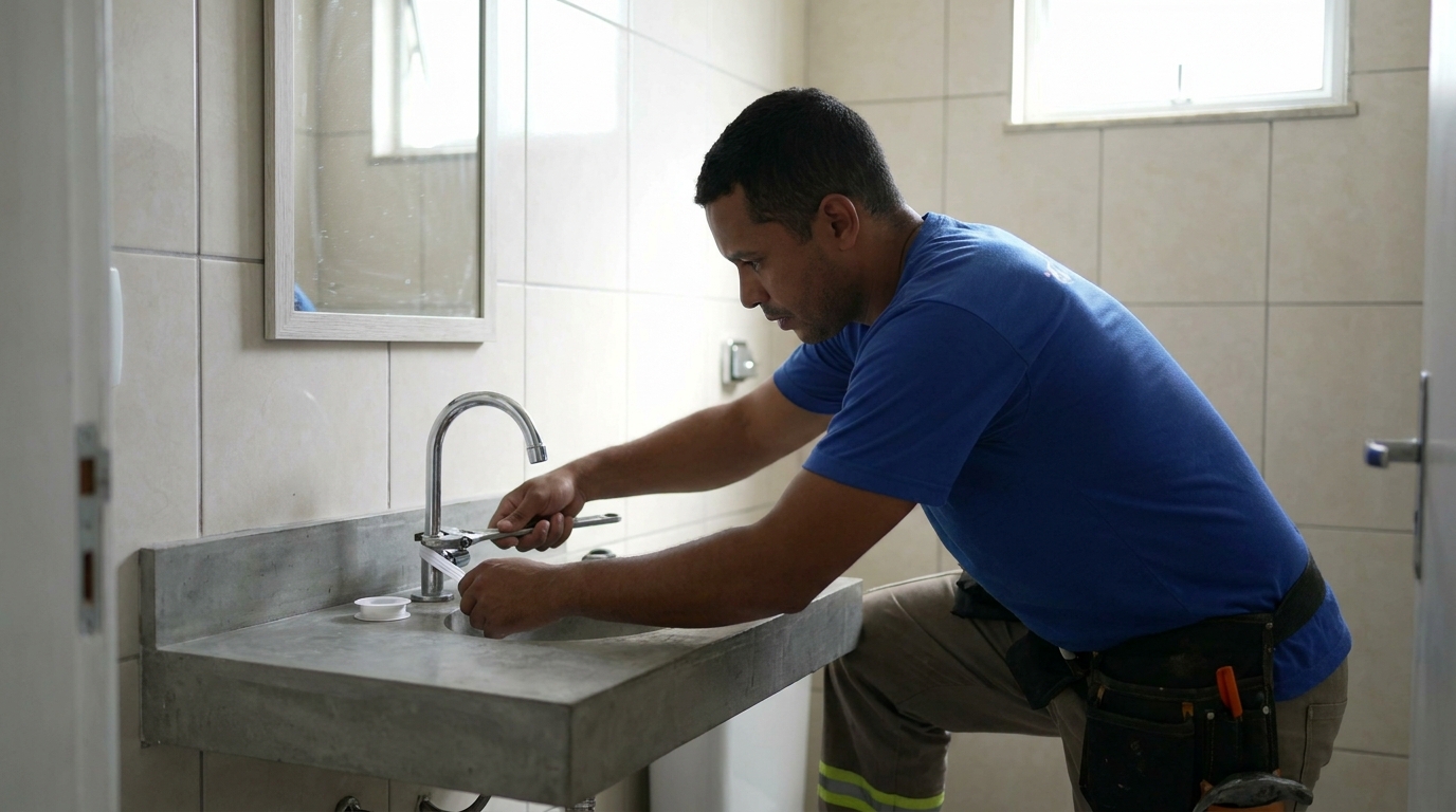Encanador instalando torneira em Santa Maria‑RS