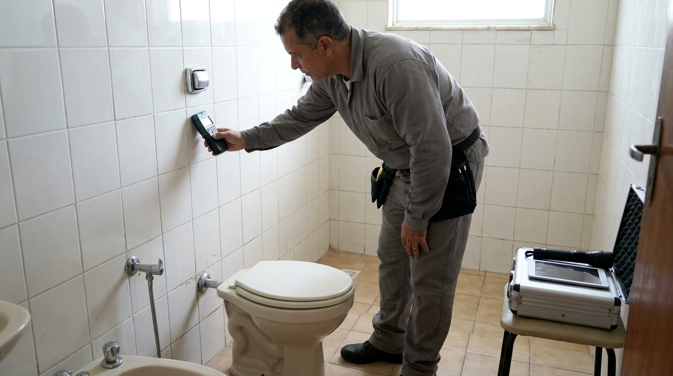 Técnico de caça vazamento analisando tubulação em Santa Maria‑RS