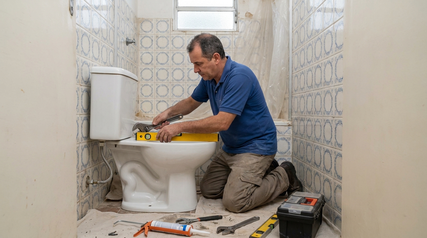 Técnico instalando vaso sanitário em Santa Maria‑RS